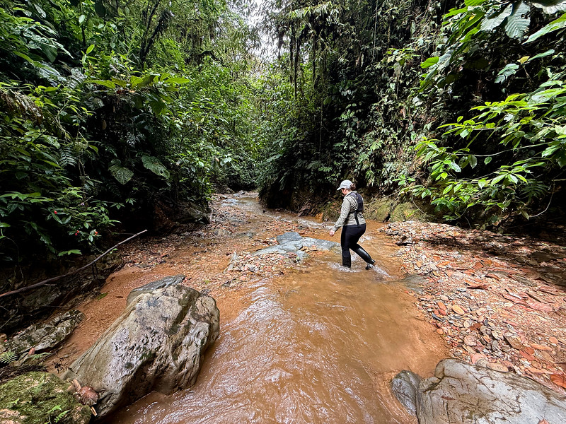 Lina Stock hiking in a river at Mashpi Lodge, Ecuador