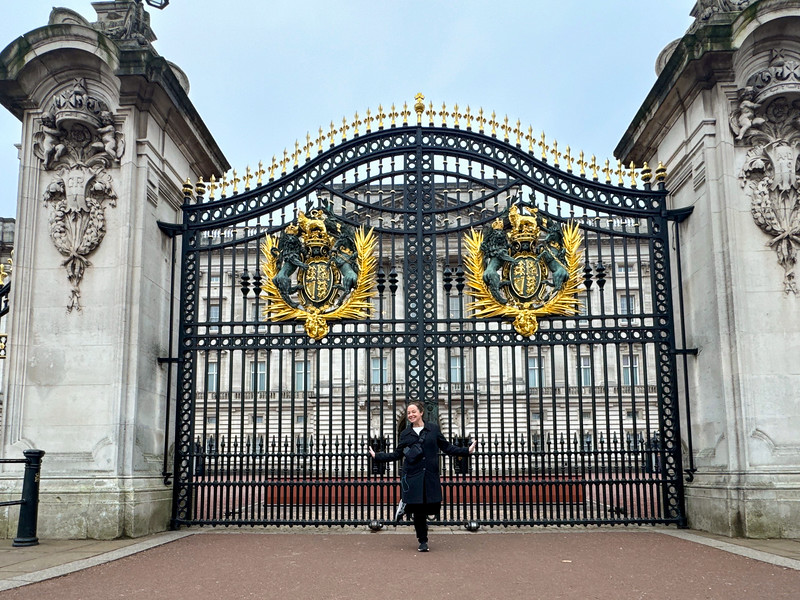 Lina Stock at the gates of Buckingham Palace in London, England